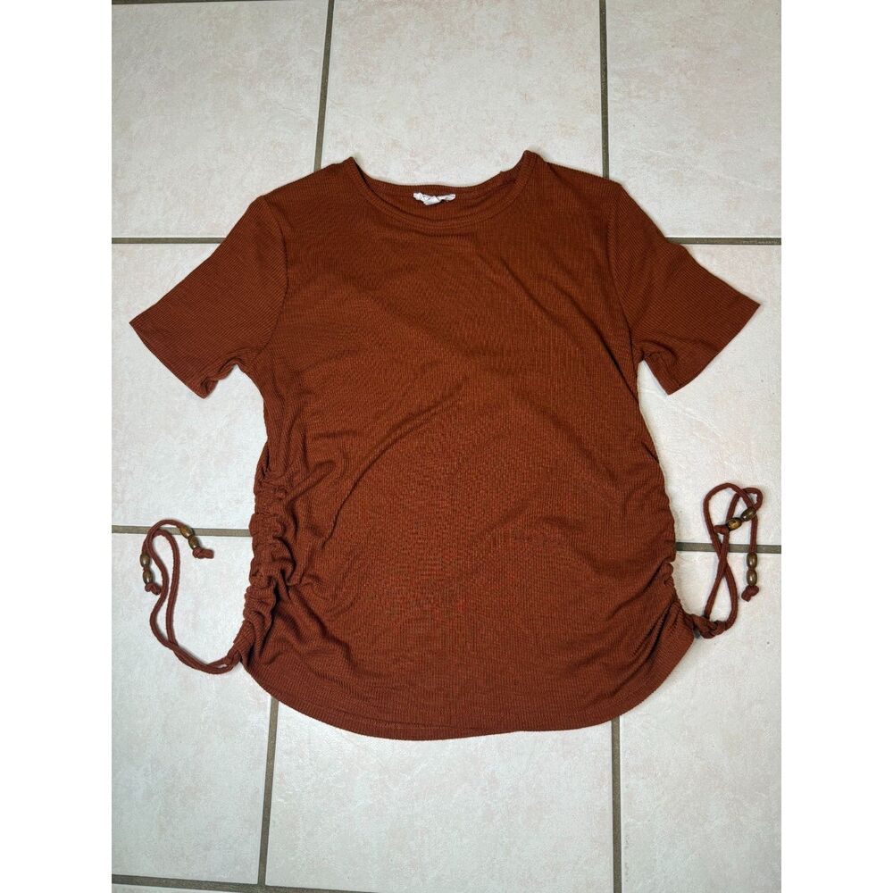 Westbound Petites Top Womens PM Rust Ribbed Ruched Side Drawstring Short Sleeve